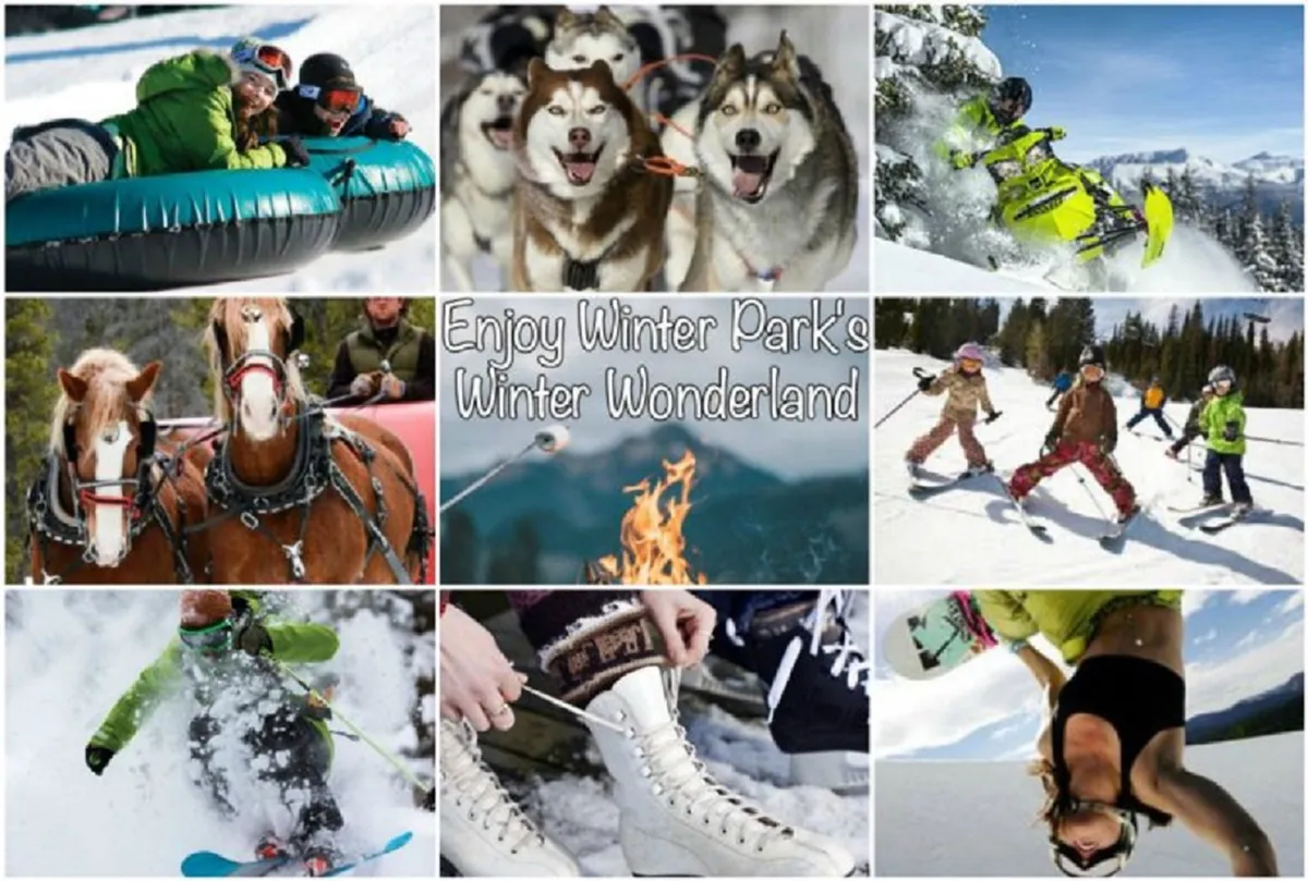 A lively winter scene featuring people tubing down snowy slopes, a team of huskies ready for dog sledding, a snowmobile prepared for thrilling rides, children gleefully playing in the snow, and a cozy campfire gathering. Skiers and snowboarders are also visible, all set against a picturesque snowy backdrop.