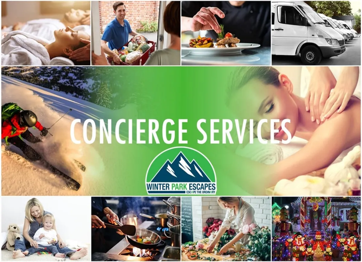A collage-style interior image highlighting various resort-style concierge services, including skiing, spa treatments, fine dining, and family gatherings. The visual cues (Winter Park Escapes logo, text about concierge services) emphasize the availability of luxurious amenities.